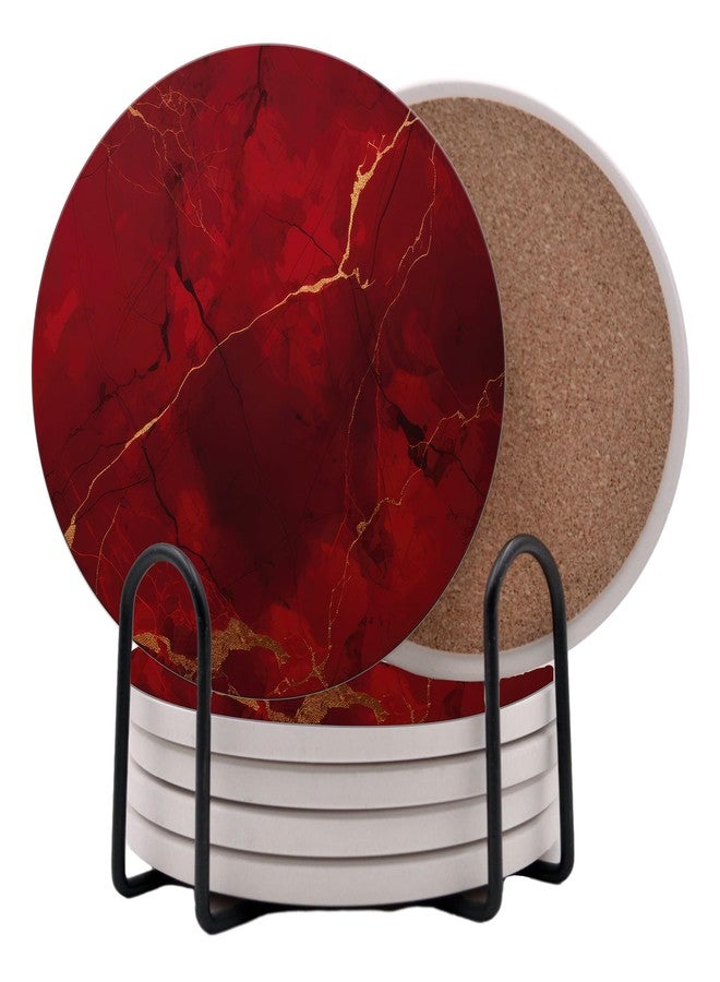 DAJDC Dark Red Agate Marble Round Coasters Set of 6 - Abosrbent Ceramic Coasters with Metal Stand for Drinks, Coffee, Non-Slip Cork Back for Tabletop Protection, 4 Inches Marbled Pattern (Dark Marble) - Image 1